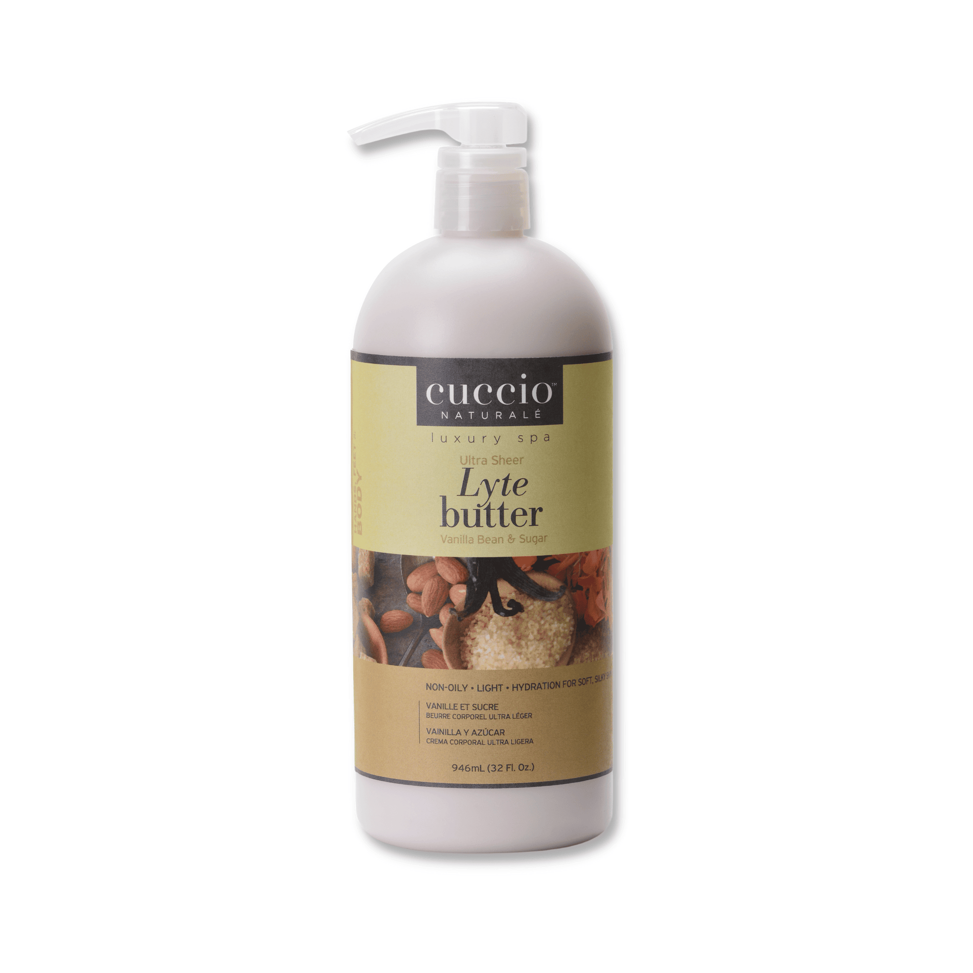 Cuccio Naturalé Lyte Butter Lotion in Vanilla Bean & Sugar scent, creamy moisturizer with a smooth texture and vanilla scent.