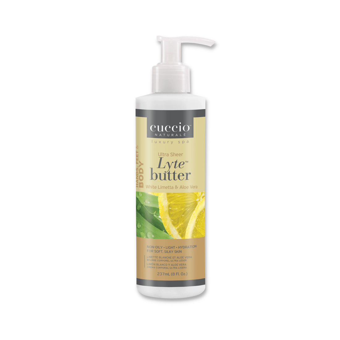 Cuccio Naturalé Lyte Butter Lotion with White Limetta and Aloe Vera, creamy moisturizer in a 237ml bottle.