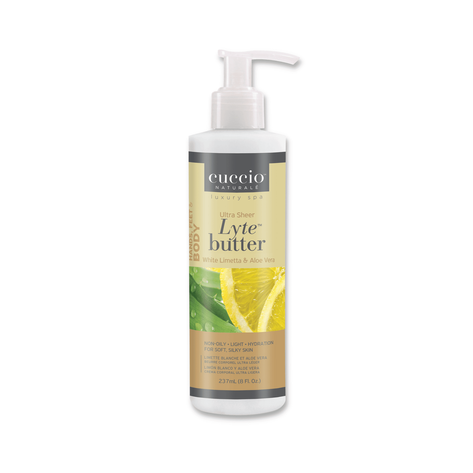 Cuccio Naturalé Lyte Butter Lotion with White Limetta and Aloe Vera, creamy moisturizer in a 237ml bottle.