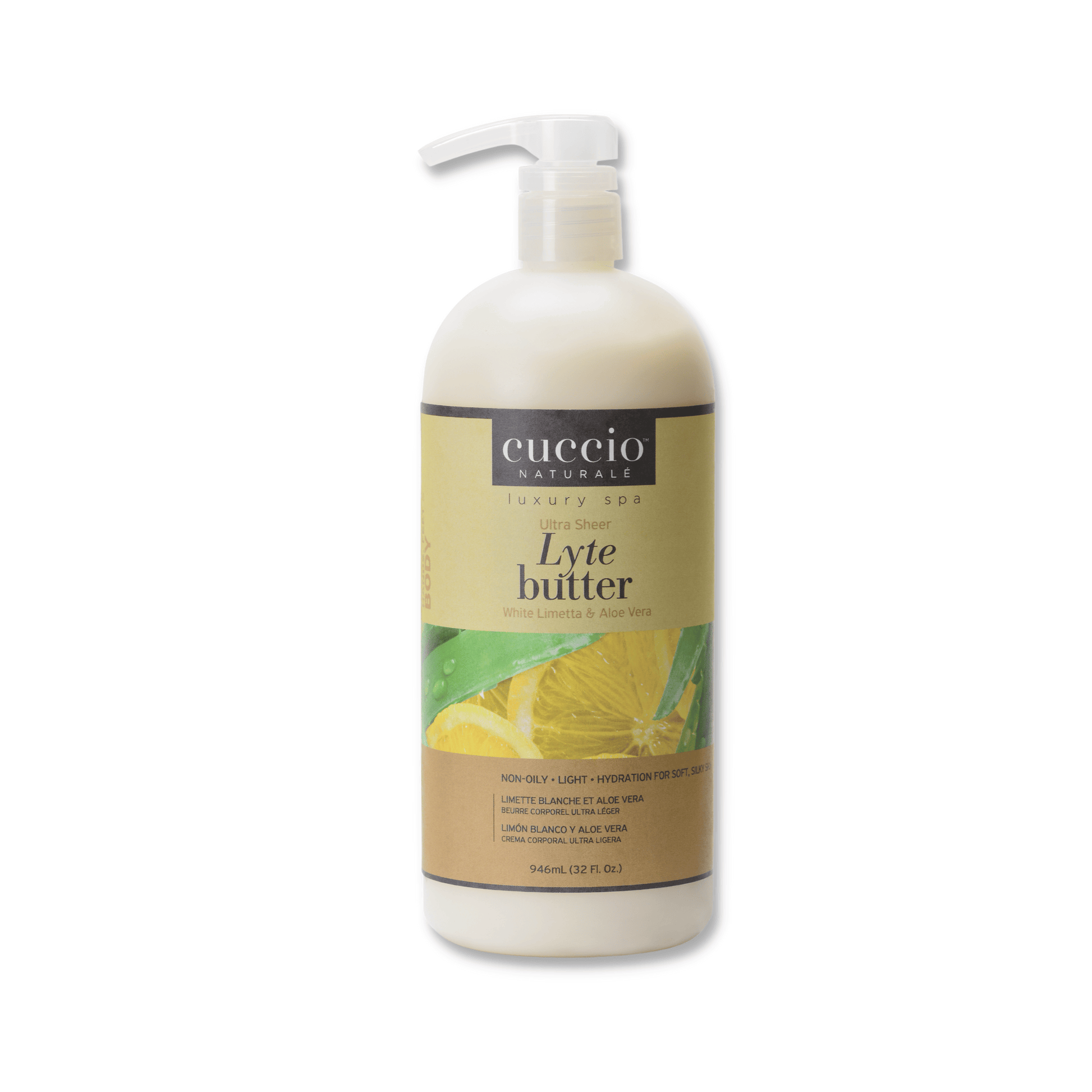 Cuccio Naturalé Lyte Butter Lotion in white, with aloe vera and limetta, showing a sleek white bottle with a pump dispenser.