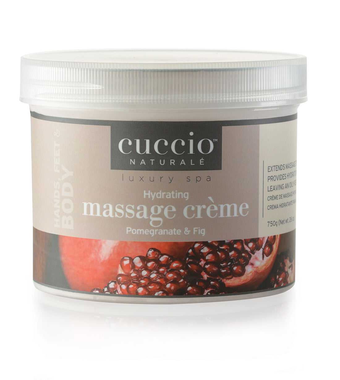Cuccio Naturalé Pomegranate & Fig Massage Creme for relaxation, showing a jar of luxurious massage cream with pomegranate and fig ingredients.