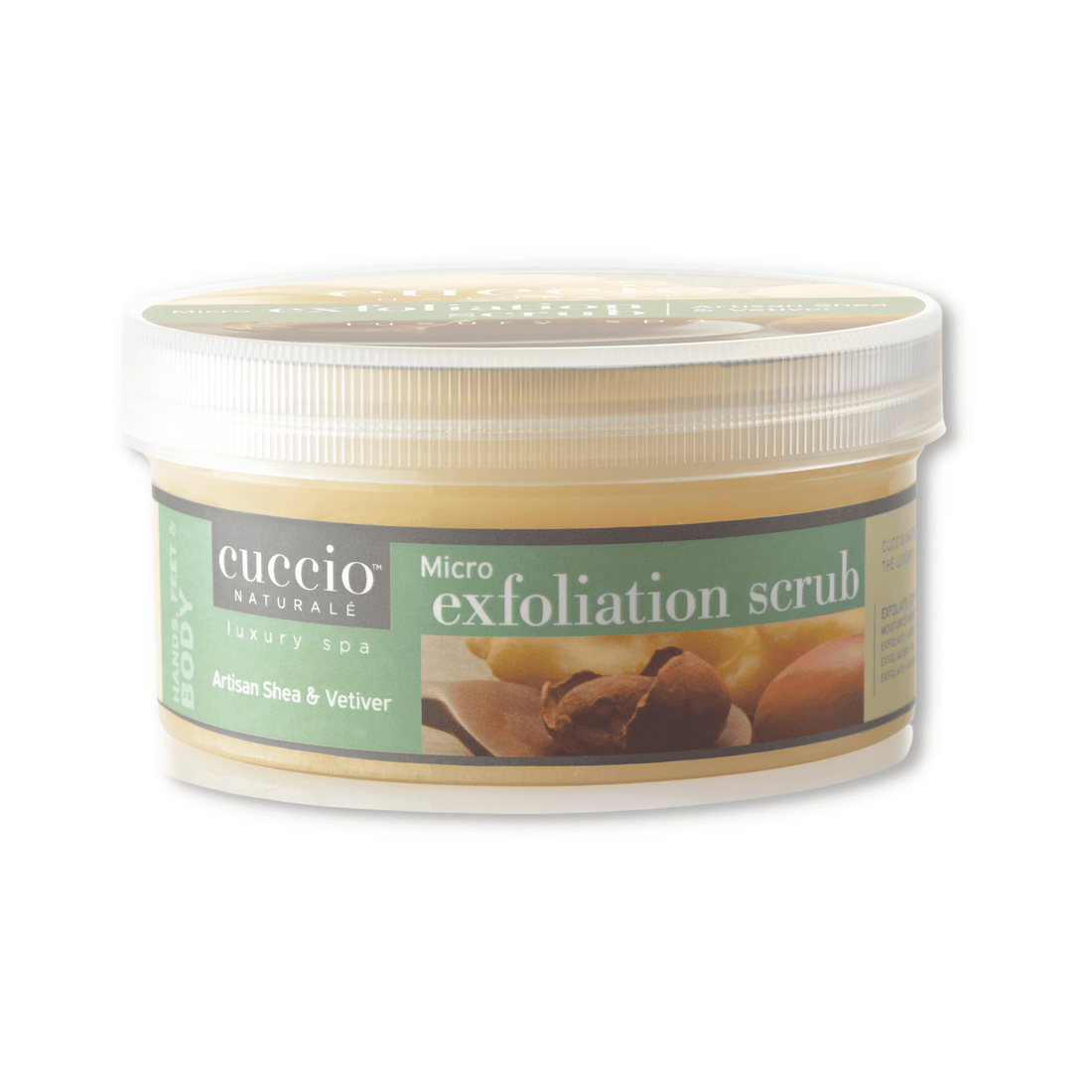 Cuccio Naturalé Micro Exfoliation Scrub with artisan shea and vetiver in a jar, showcasing the textured scrub and natural ingredients.