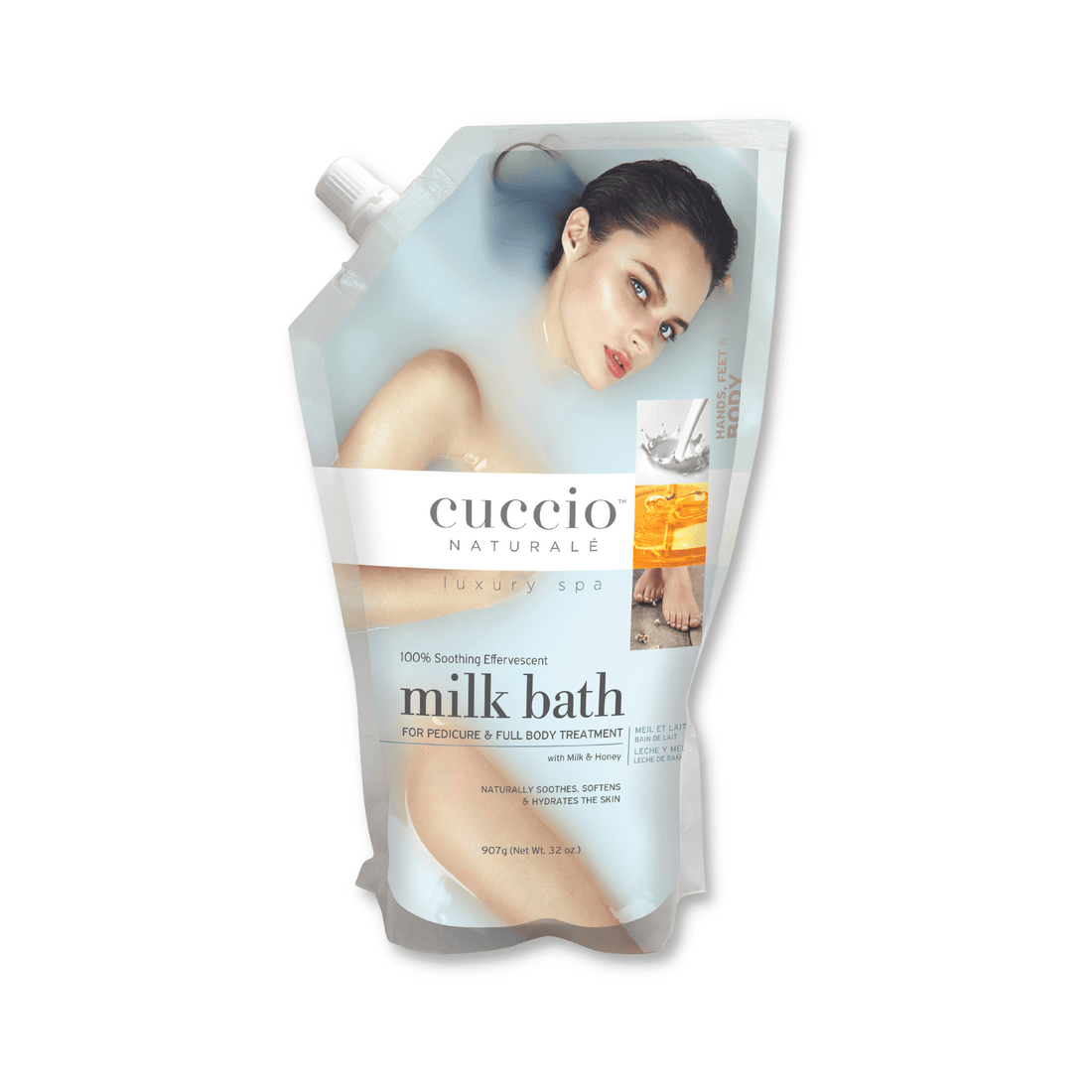 Cuccio Naturalé Milk Bath in a clear bottle with a white label, ideal for relaxing bath and body skincare routines.
