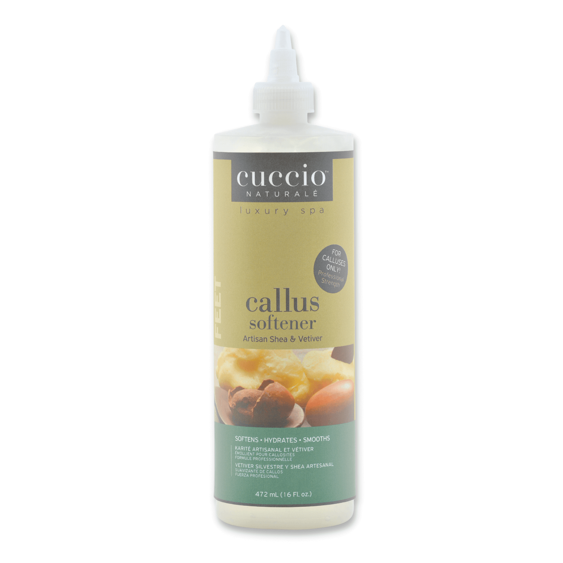 Cuccio Naturalé pedicure callus softener with artisan shea and vetiver for smooth, exfoliated feet in corn and callus care.