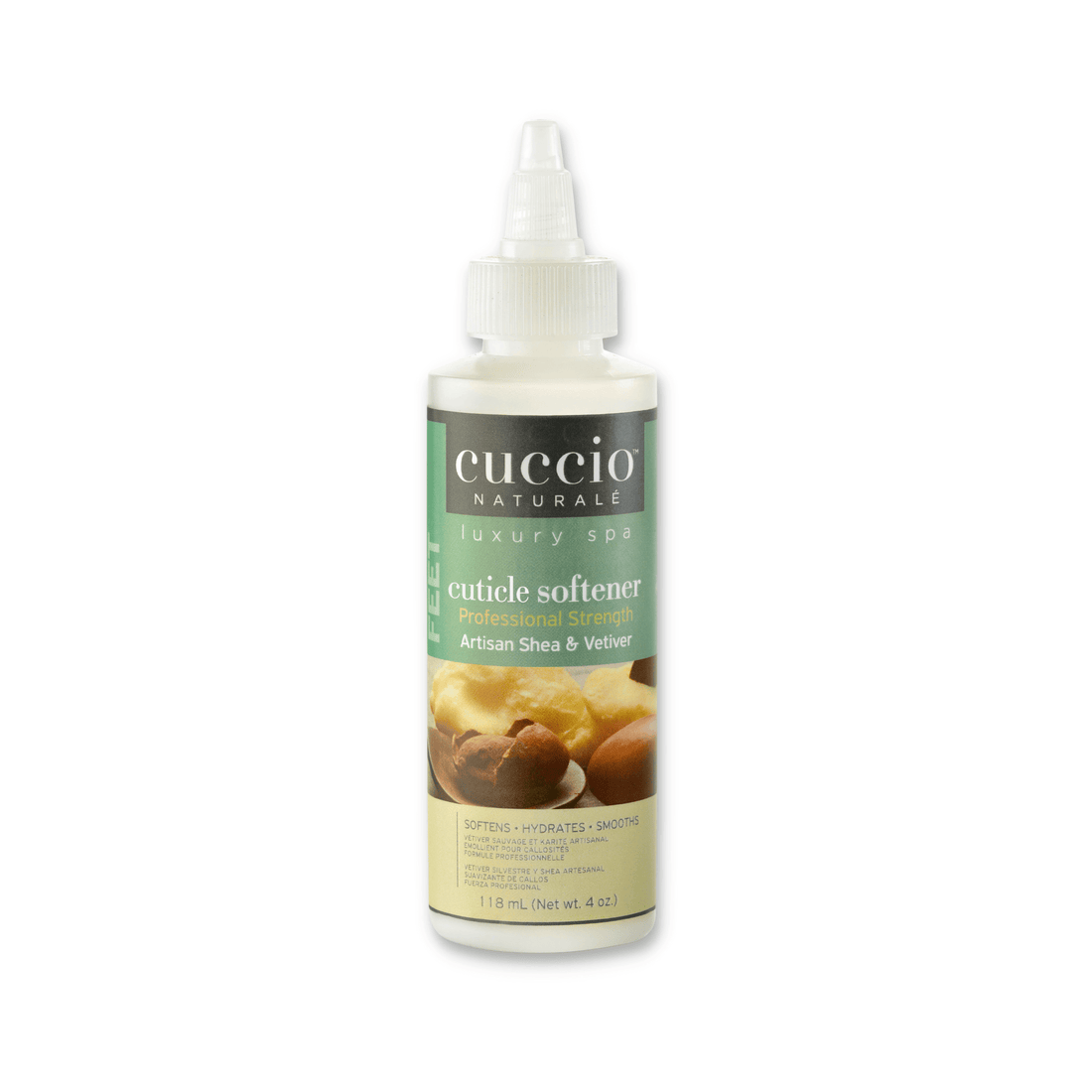 Cuccio Naturalé pedicure cuticle softener cream with artisan shea and vetiver oil for nourishing nail care.