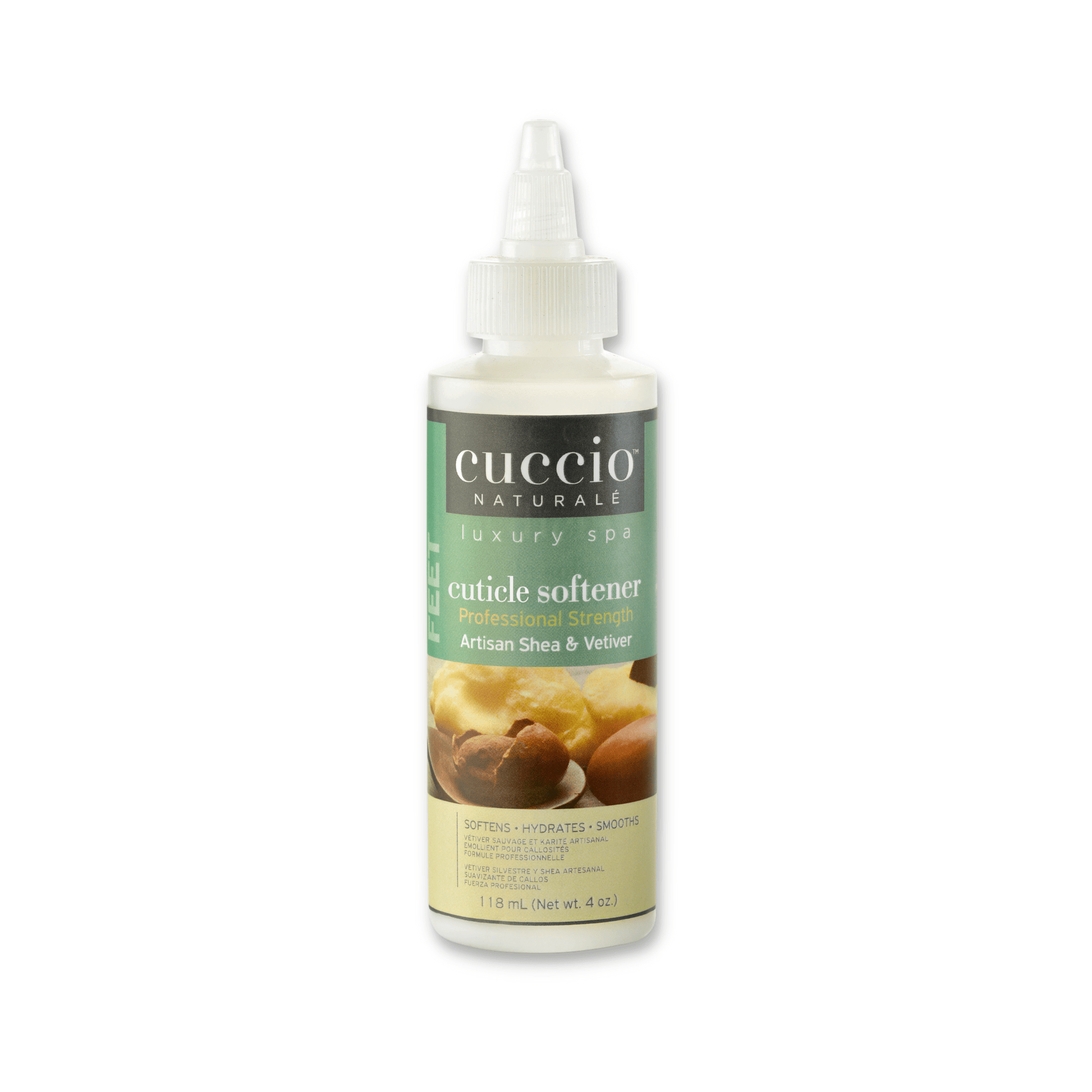 Cuccio Naturalé pedicure cuticle softener cream with artisan shea and vetiver oil for nourishing nail care.