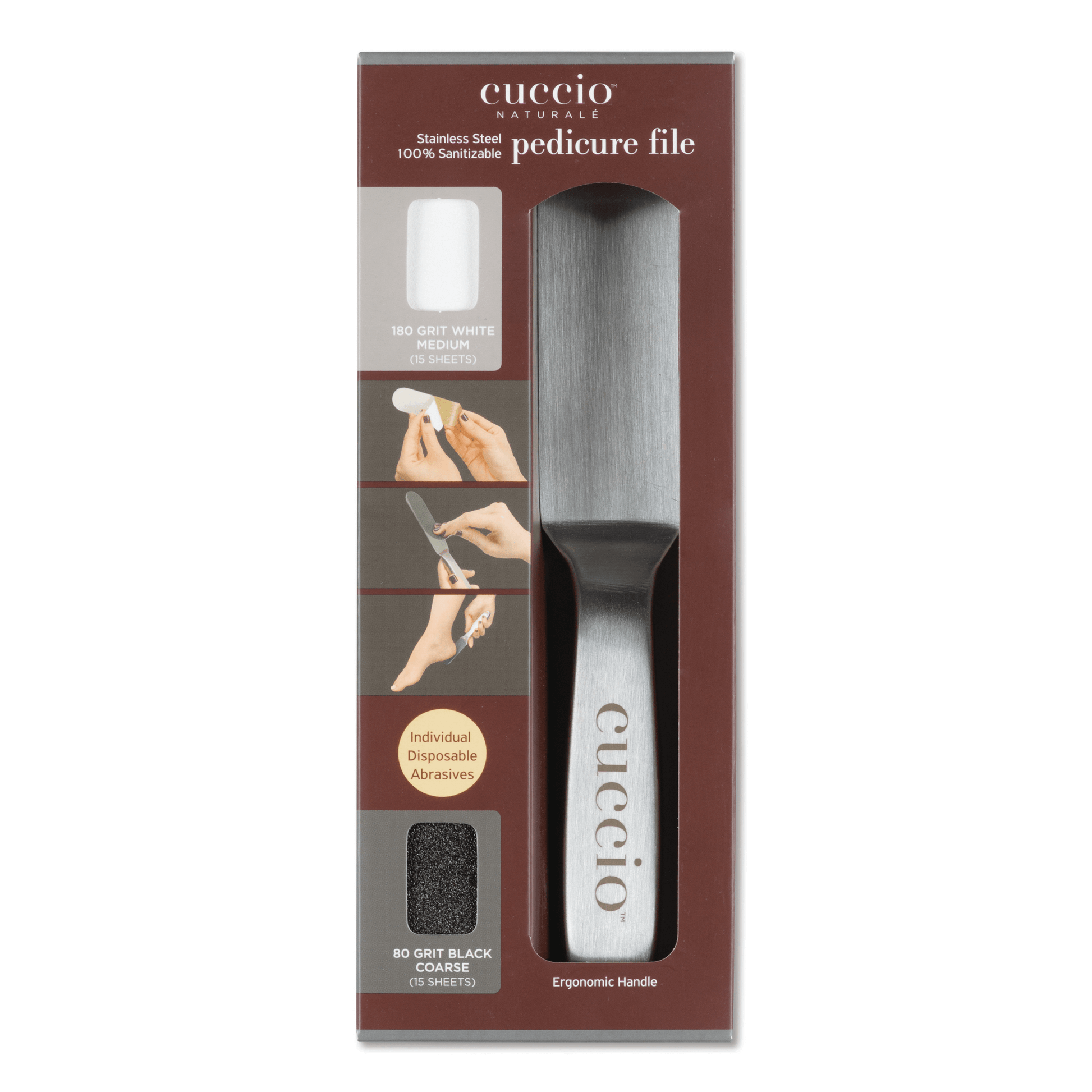 Cuccio Naturalé stainless steel pedicure file with textured surface for smooth, professional foot care.