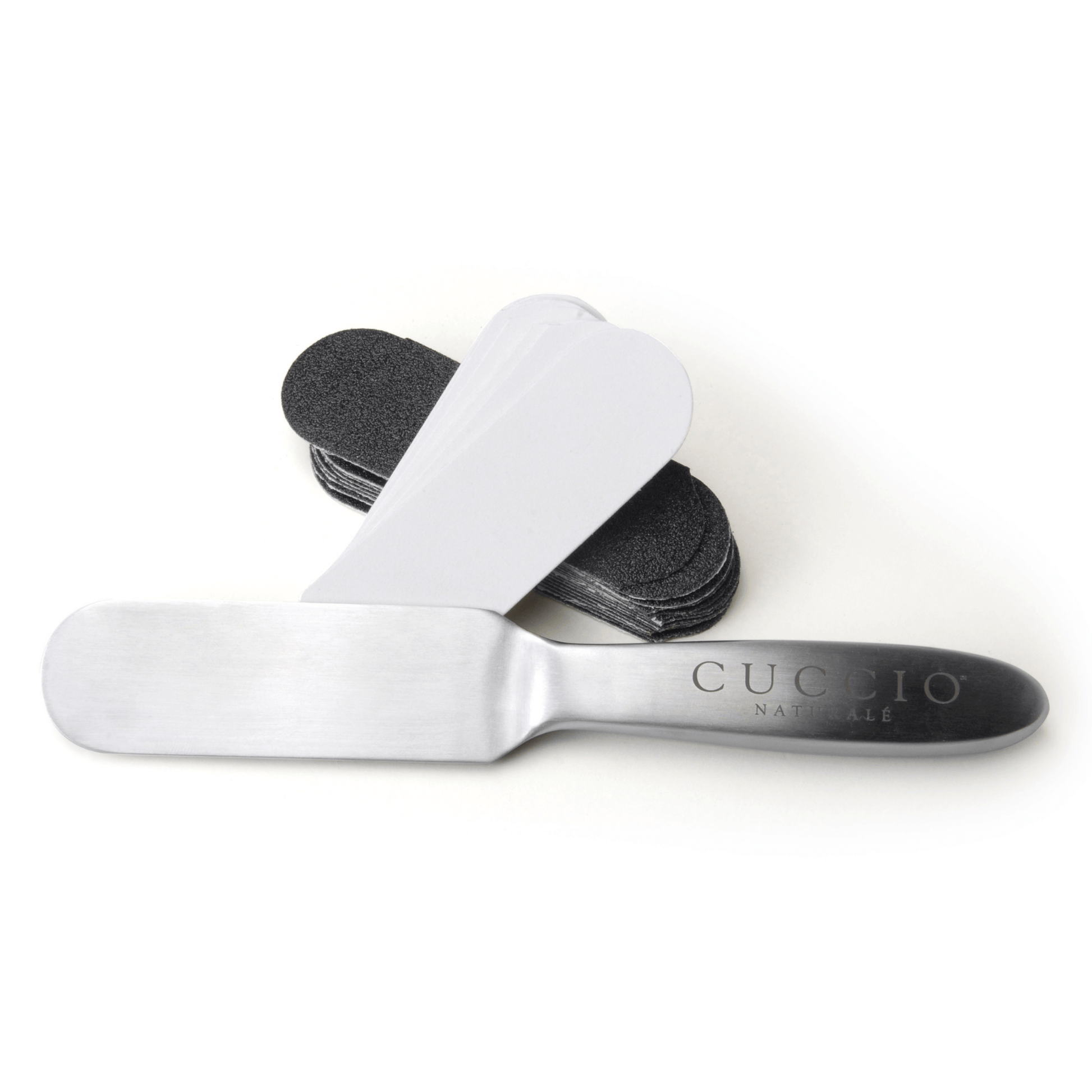 Cuccio Naturalé stainless steel pedicure file with textured surface for nail shaping and smoothing.