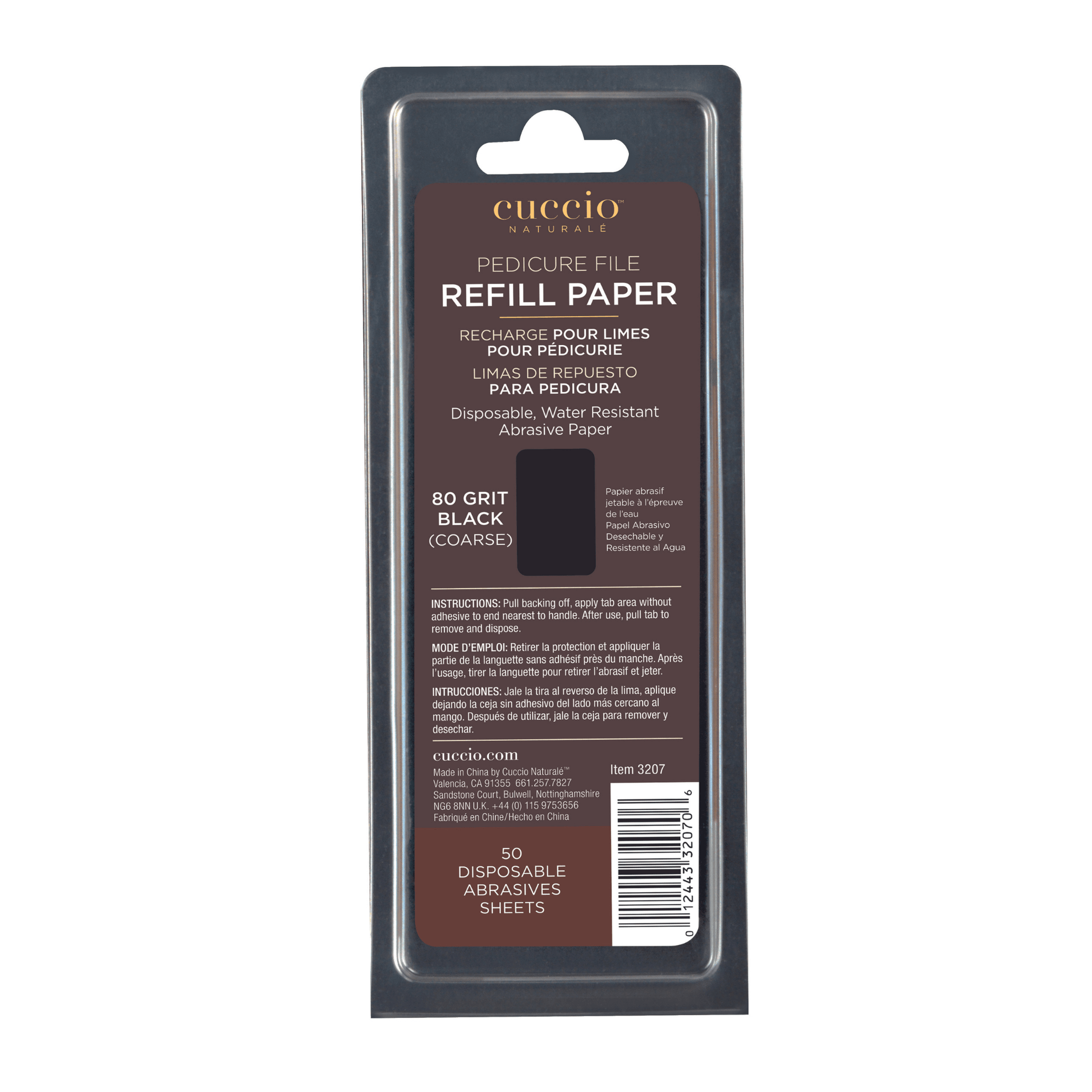 Cuccio Naturalé pedicure stainless steel file refill for corn and callus care supplies, shown with the file and packaging.