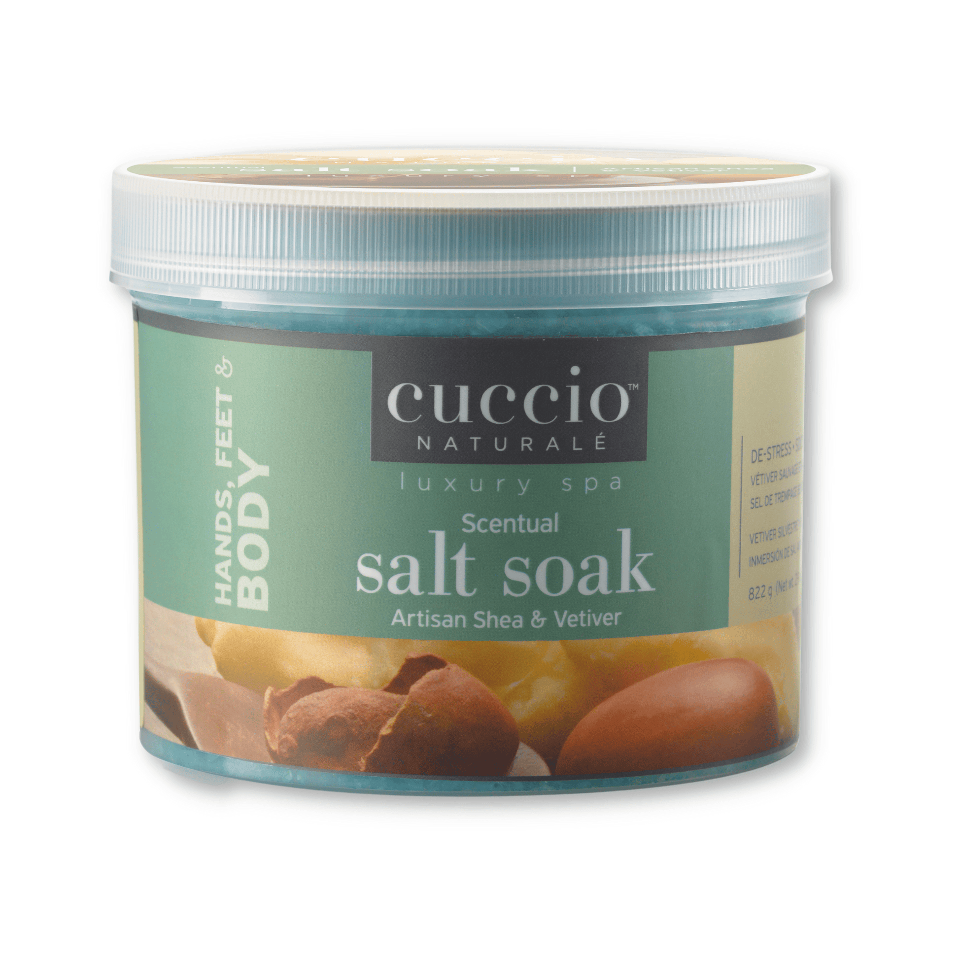 Cuccio Naturalé Scentual Salt Soak with artisan shea and vetiver, shown in a clear container with salt crystals and natural ingredients.