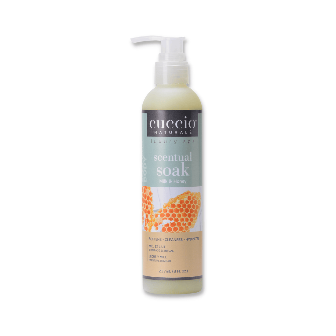 Cuccio Naturalé Scentual Soak with Milk and Honey in a 237ml bottle, designed for relaxing bath experiences.