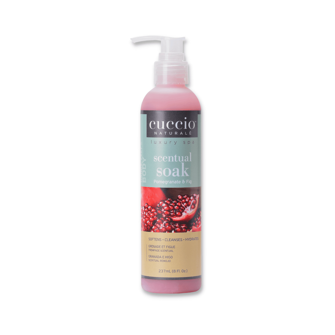 Cuccio Naturalé Scentual Soak in Pomegranate & Fig, 237ml bottle, featuring a relaxing bath soak with fruity, aromatic ingredients.