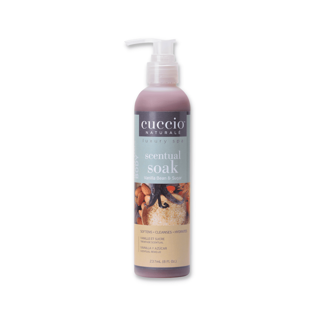 Cuccio Naturalé Scentual Soak in Vanilla Bean & Sugar with a clear splash of the soak product in a bottle.