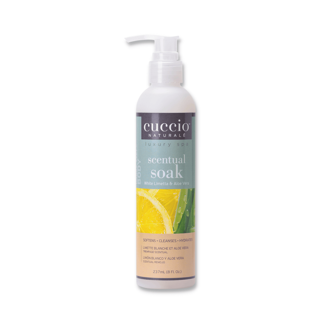 Cuccio Naturalé Scentual Soak in White Limetta and Aloe Vera, 237ml bottle with label featuring citrus and aloe imagery.