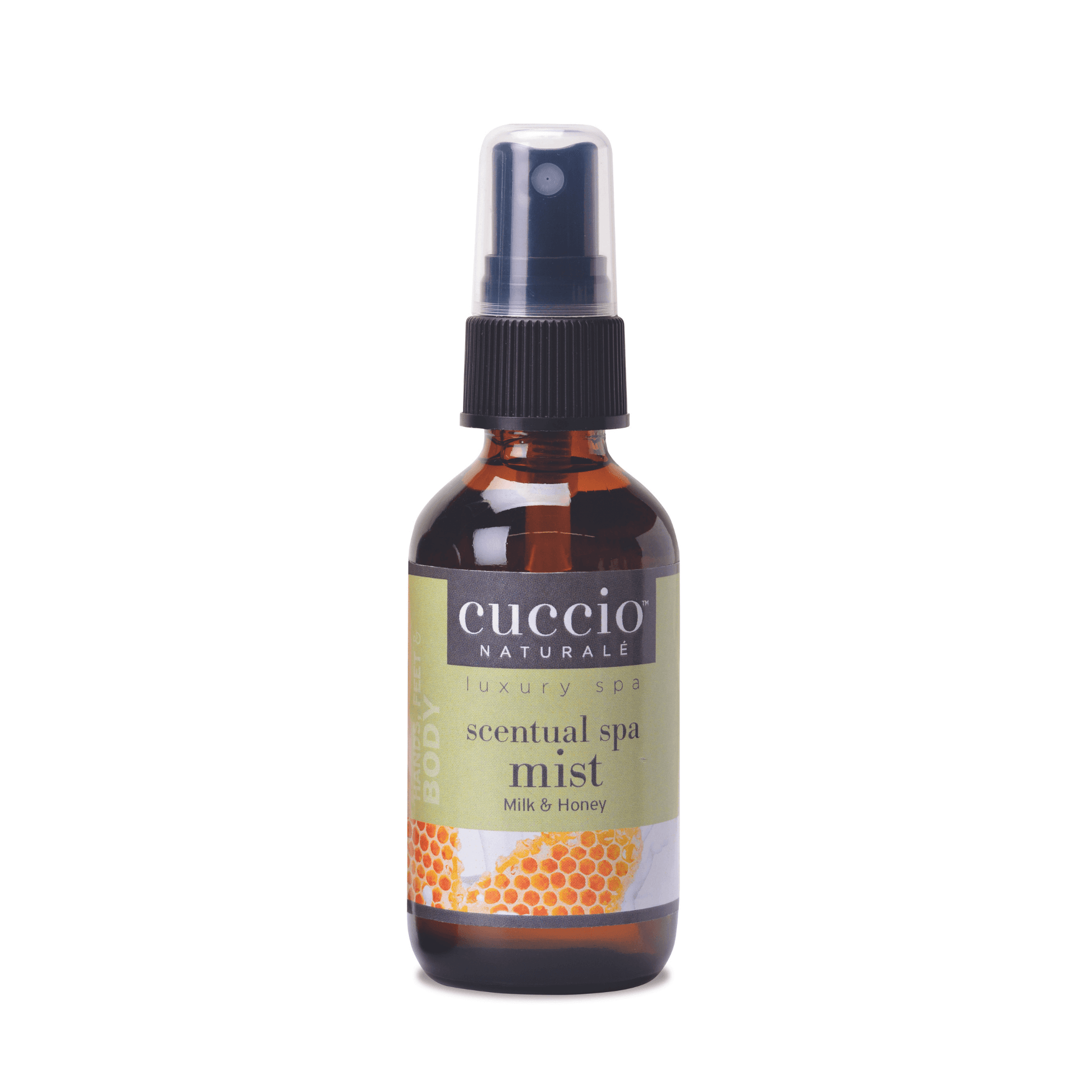 Cuccio Naturalé Scentual Spa Mist in Milk & Honey scent, showing a clear spray bottle with a soft, elegant design suitable for aromatherapy.