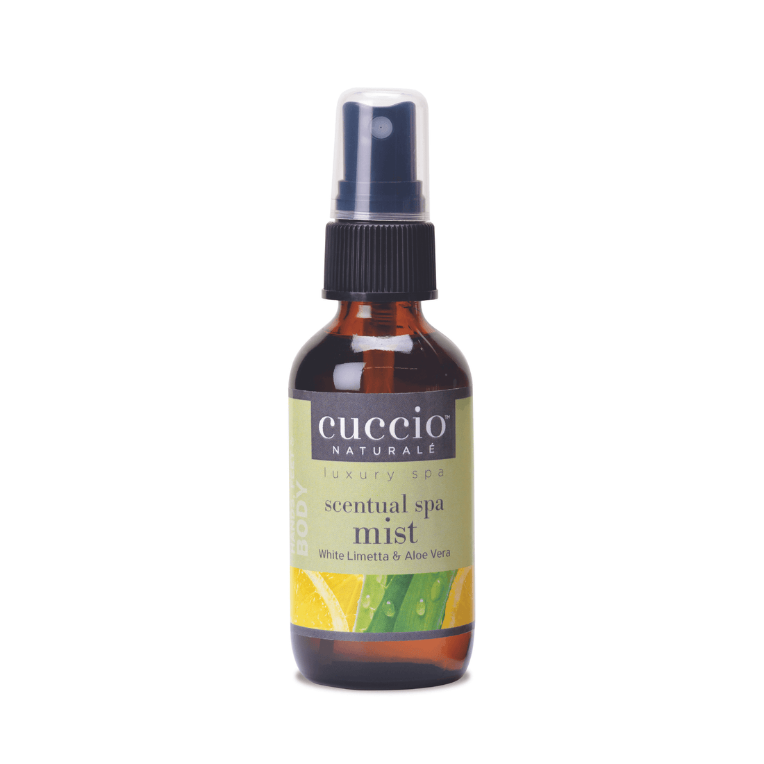 Cuccio Naturalé Scentual Spa Mist with White Limetta and Aloe Vera in a spray bottle for aromatherapy and relaxation.