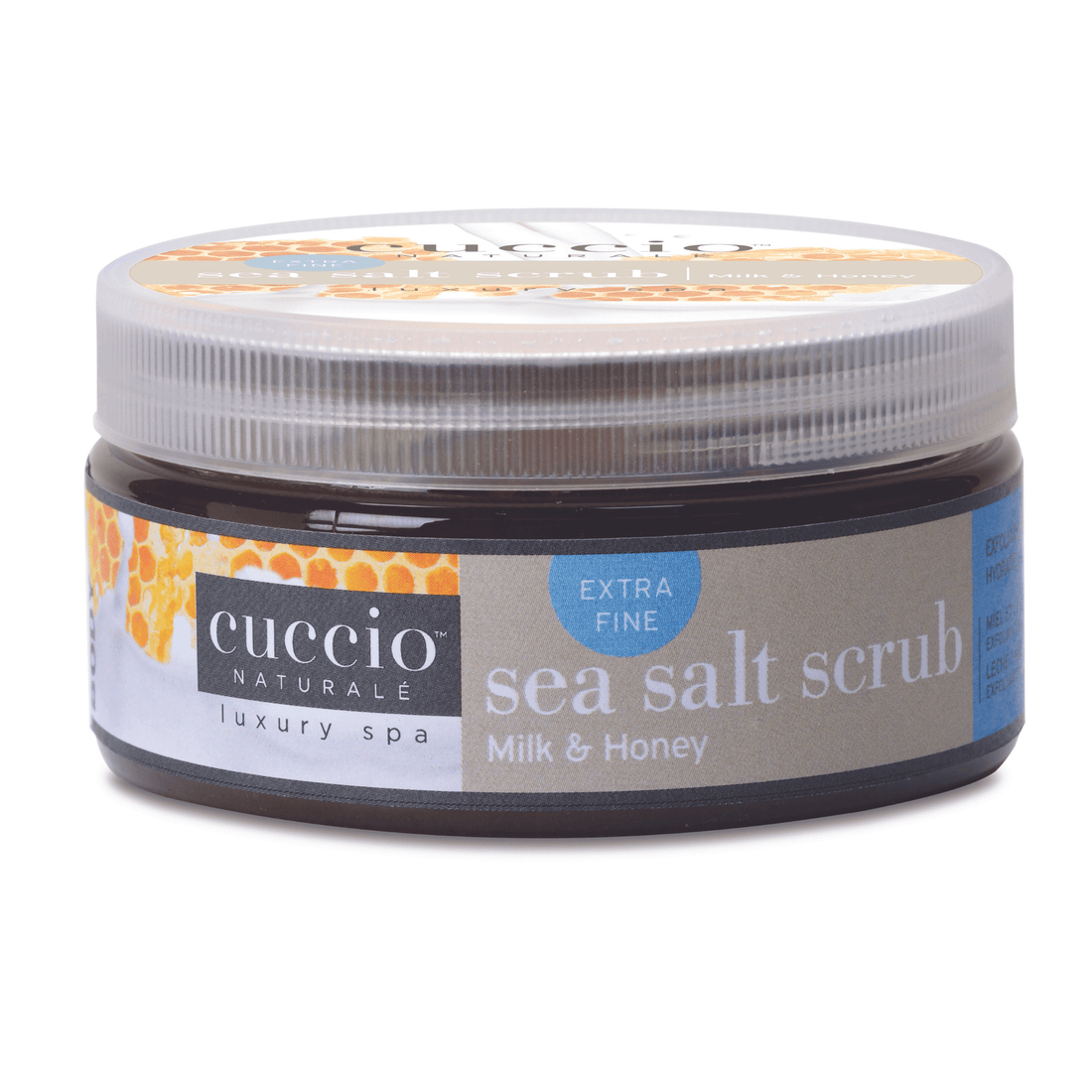 Cuccio Naturalé Sea Salt Scrub for body, hands, and feet with milk and honey, showing the jar with salt scrub and natural ingredients.