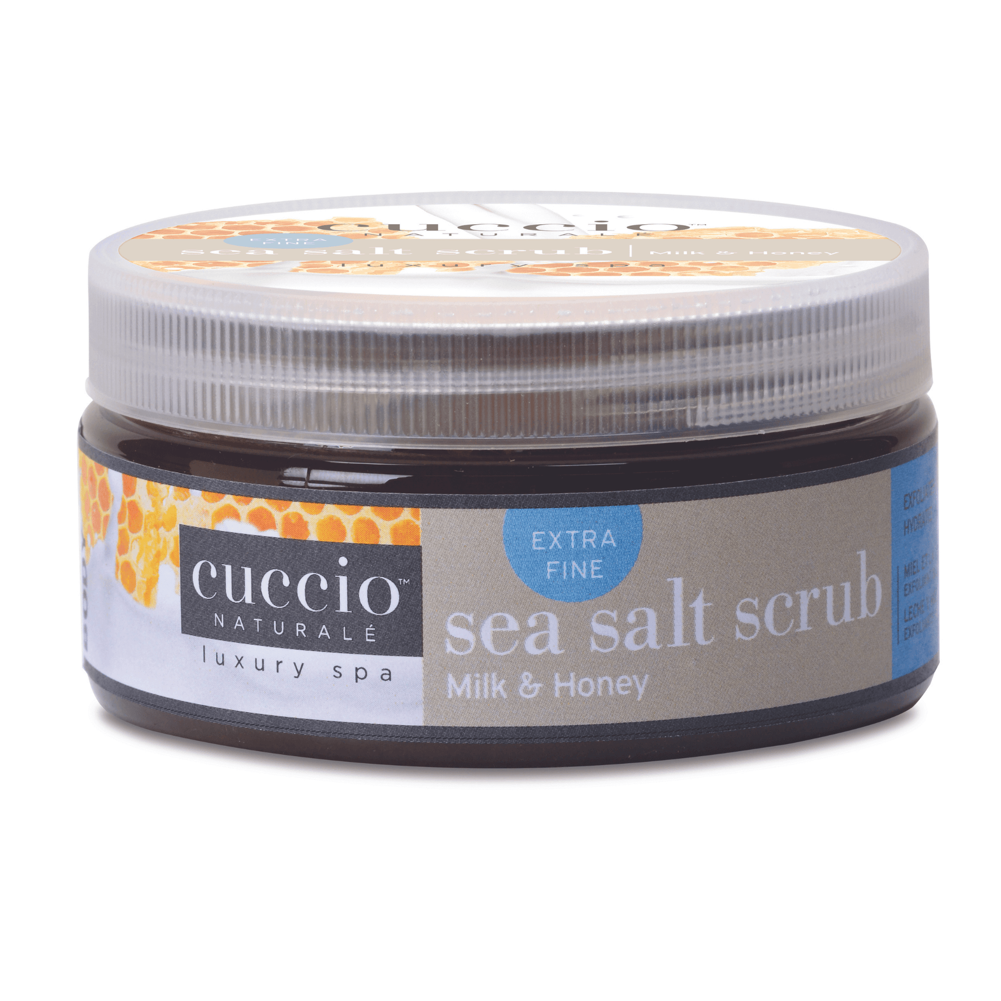 Cuccio Naturalé Sea Salt Scrub for body, hands, and feet with milk and honey, showing the jar with salt scrub and natural ingredients.