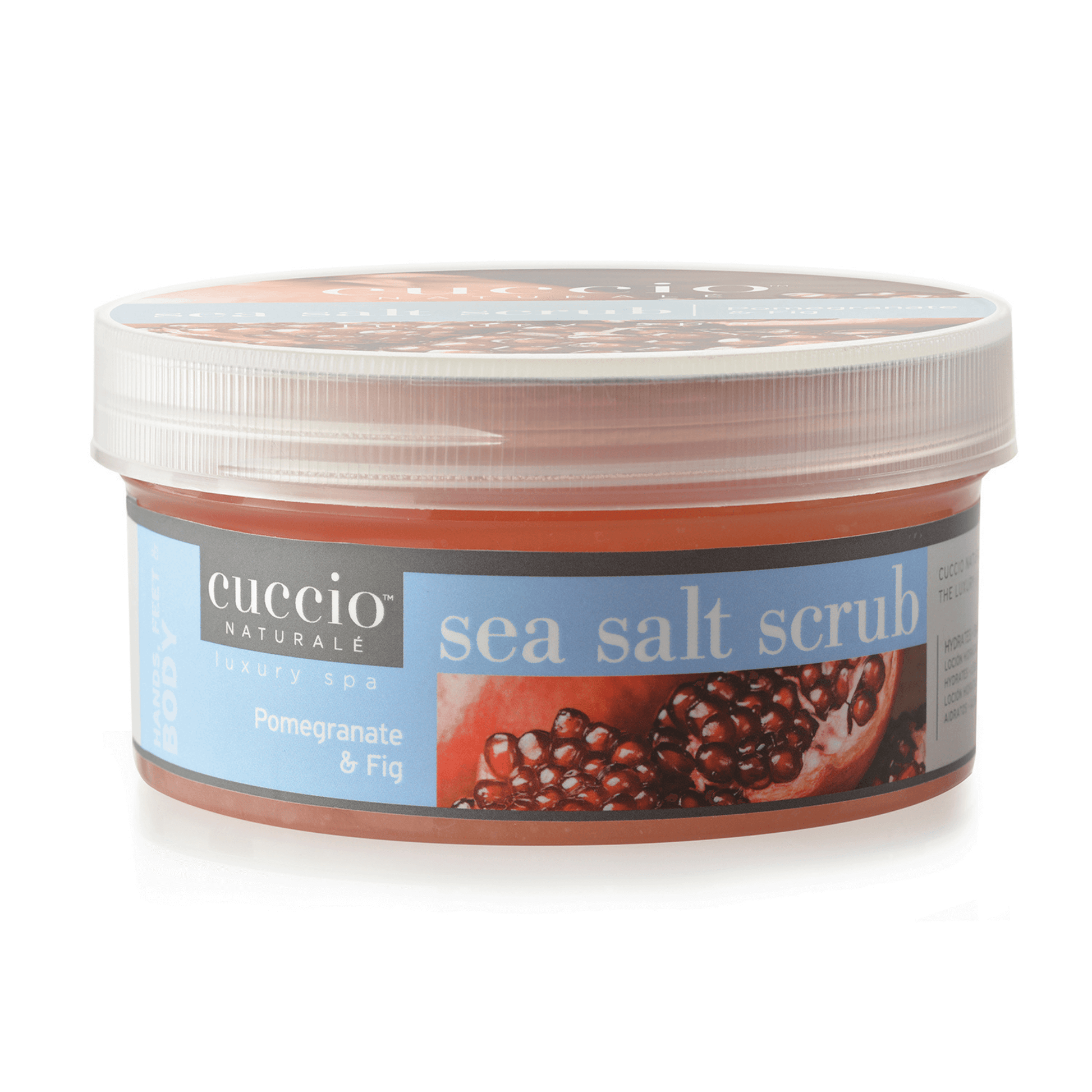 Cuccio Naturalé Sea Salt Scrub for body, hands, and feet with pomegranate and fig, showing a jar of exfoliating scrub with natural ingredients.