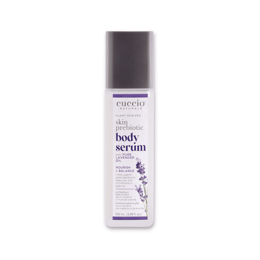 Cuccio Naturalé Skin Prebiotic Body Serum with lavender oil, featuring a clear bottle with a pump dispenser and lavender accents.