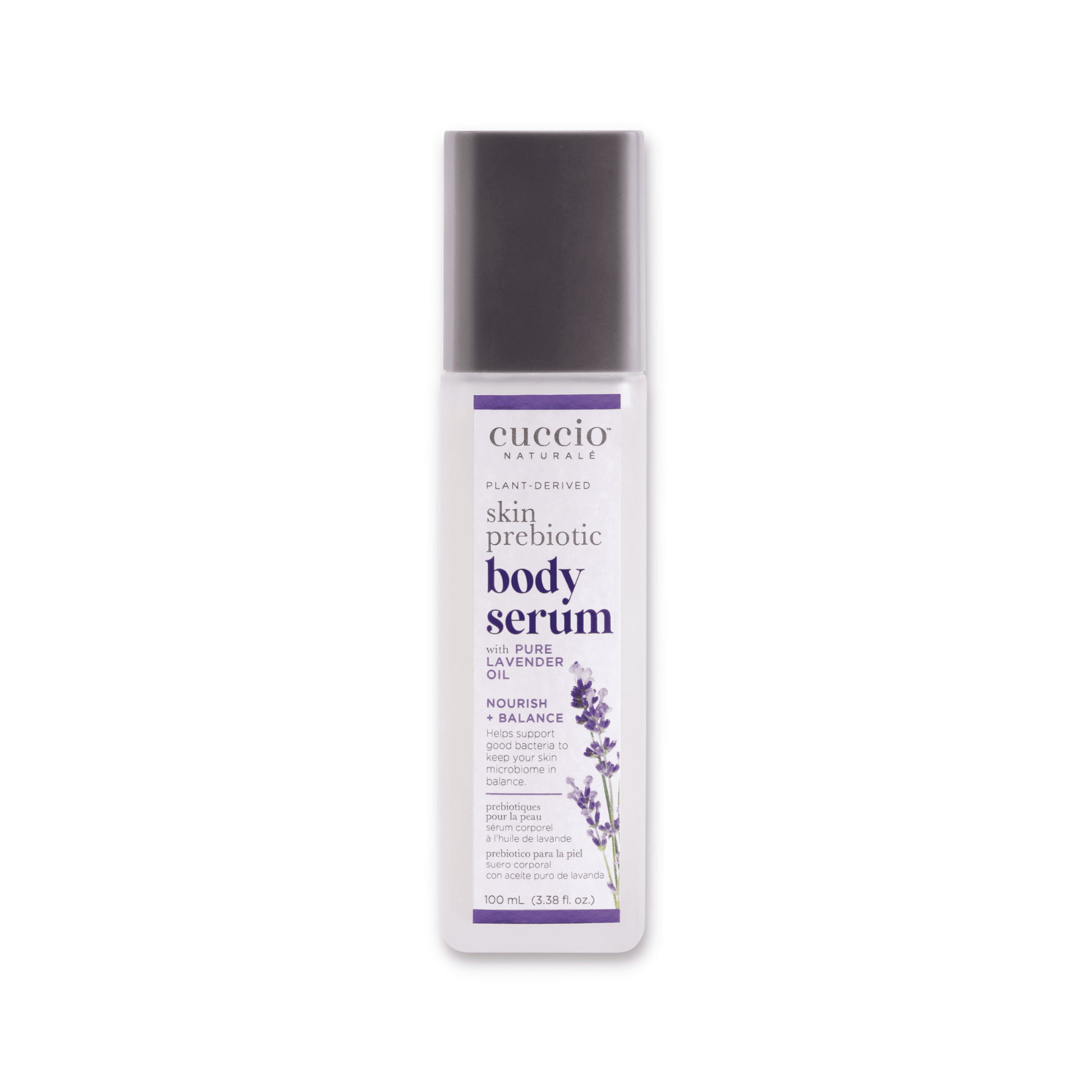 Cuccio Naturalé Skin Prebiotic Body Serum with lavender oil, featuring a clear bottle with a pump dispenser and lavender accents.