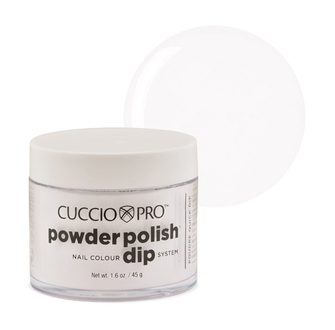 Clear Cuccio Pro Dipping Powder in a jar, showing fine white powder used for professional nail dip enhancement.