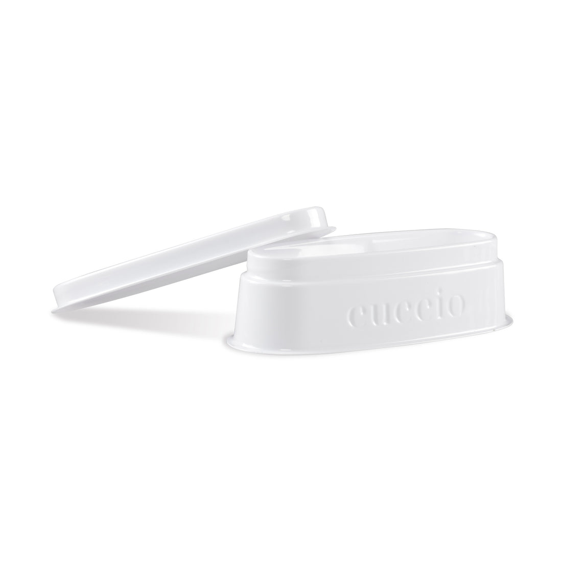 A clear plastic dipping powder tray with a brand name 'Cuccio Pro' embossed on the side.