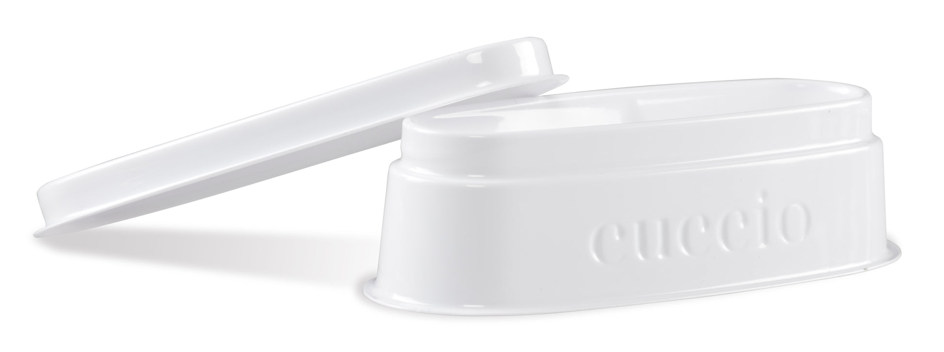 A clear plastic dipping powder tray with a brand name 'Cuccio Pro' embossed on the side.