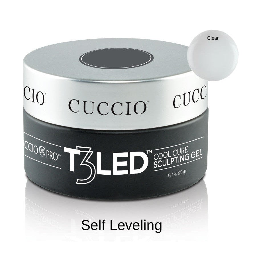 Cuccio Pro T3 LED/UV Gel Self Leveling gel applied to nails, showcasing smooth, even finish for professional nail enhancement.