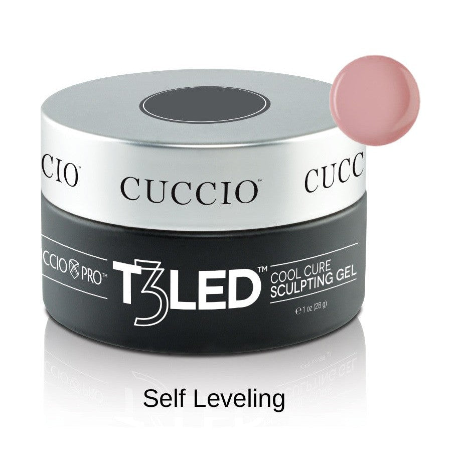 Cuccio Pro T3 LED/UV Gel Self Leveling gel applied to nails, showcasing smooth, even finish for professional nail enhancement.