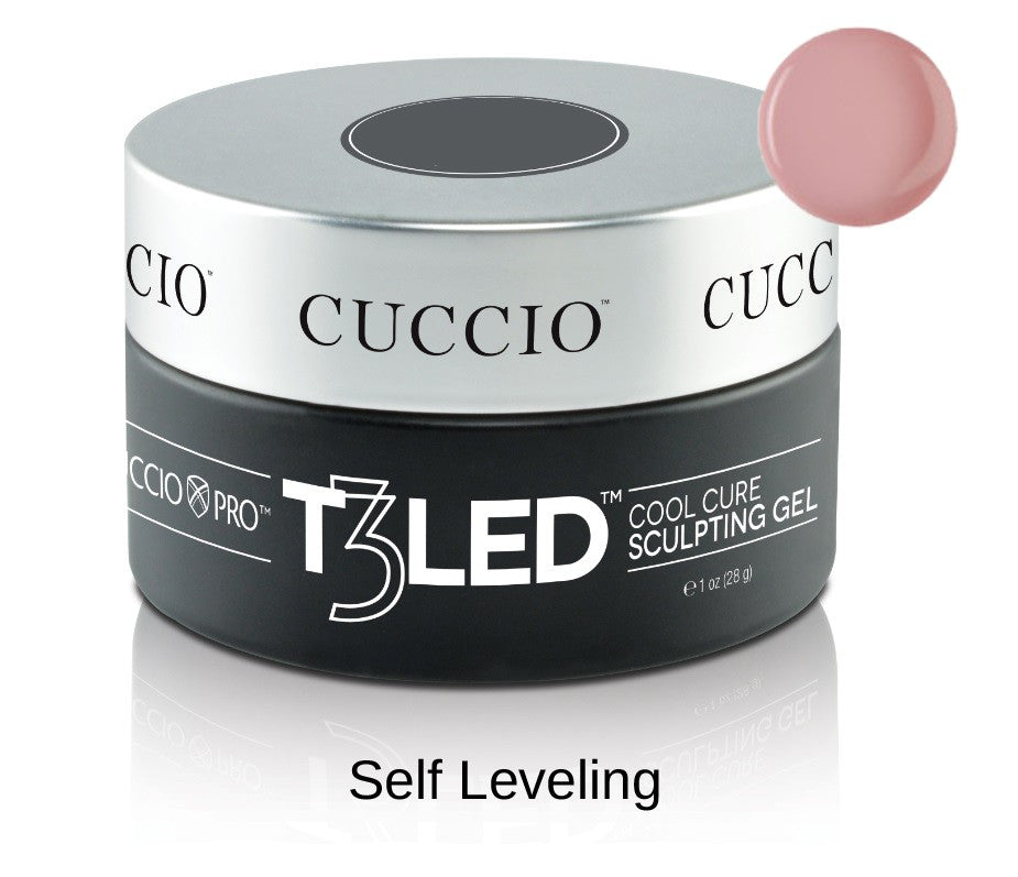 Cuccio Pro T3 LED/UV Gel Self Leveling gel polish applied on nails, showcasing smooth, even finish from the Cuccio Pro T3 LED Gel line.