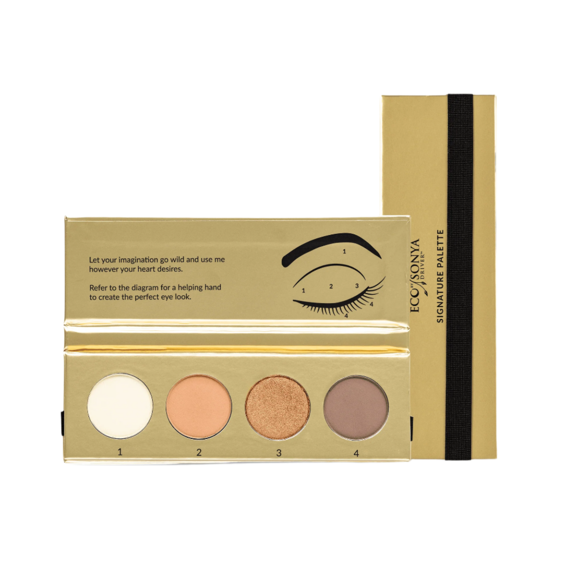 Eco by Sonya Driver eyeshadow signature palette with neutral and shimmer shades in sleek makeup case.