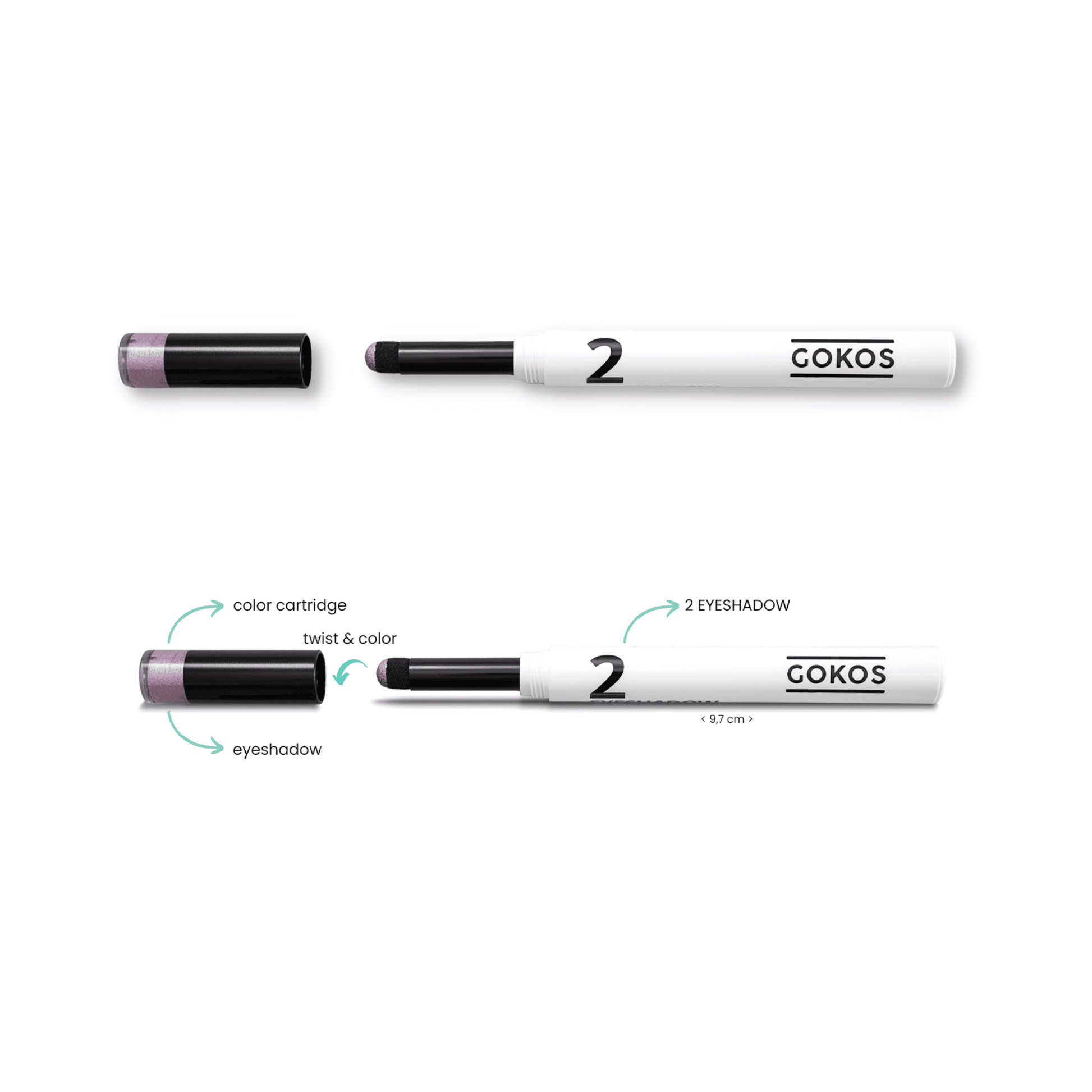 Gokos EyeColor White Edition makeup with cosmic lilac shade, featuring eye makeup swatches on a model's eye.