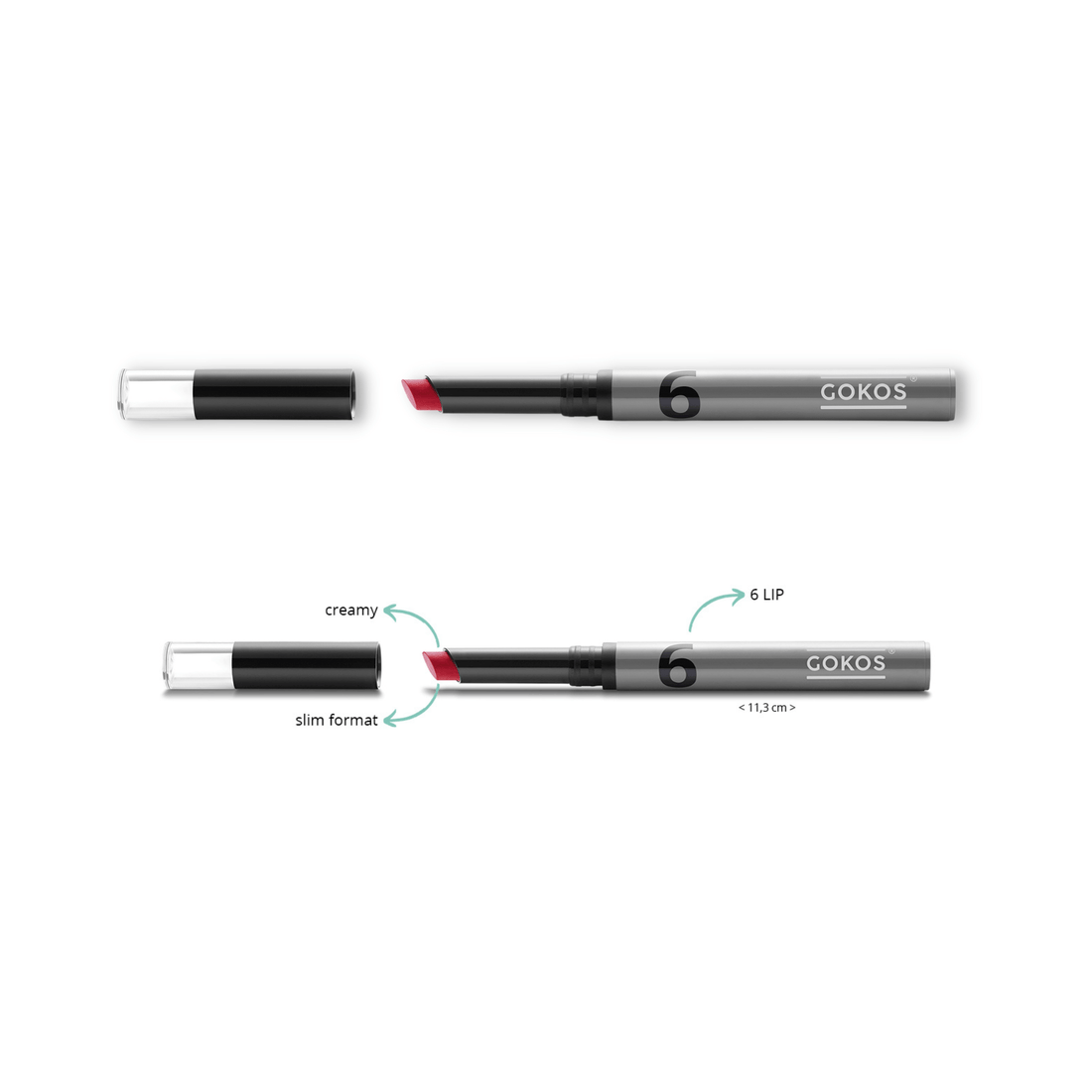 Gokos LipColor makeup product in a sleek tube, showcasing vibrant lipstick shade from the Gokos makeup collection.