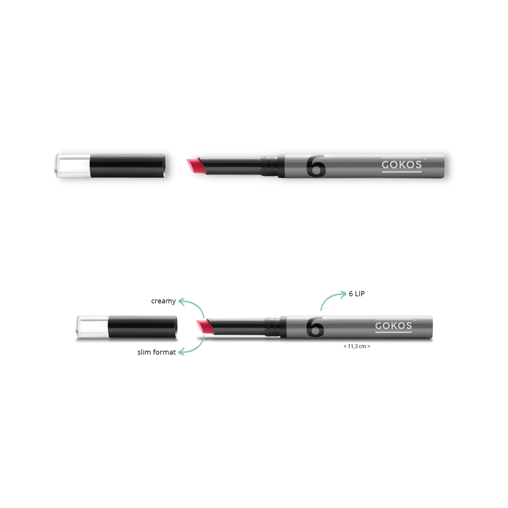Gokos LipColor makeup tube in Heat Wave shade, close-up of the vibrant lipstick with sleek packaging.