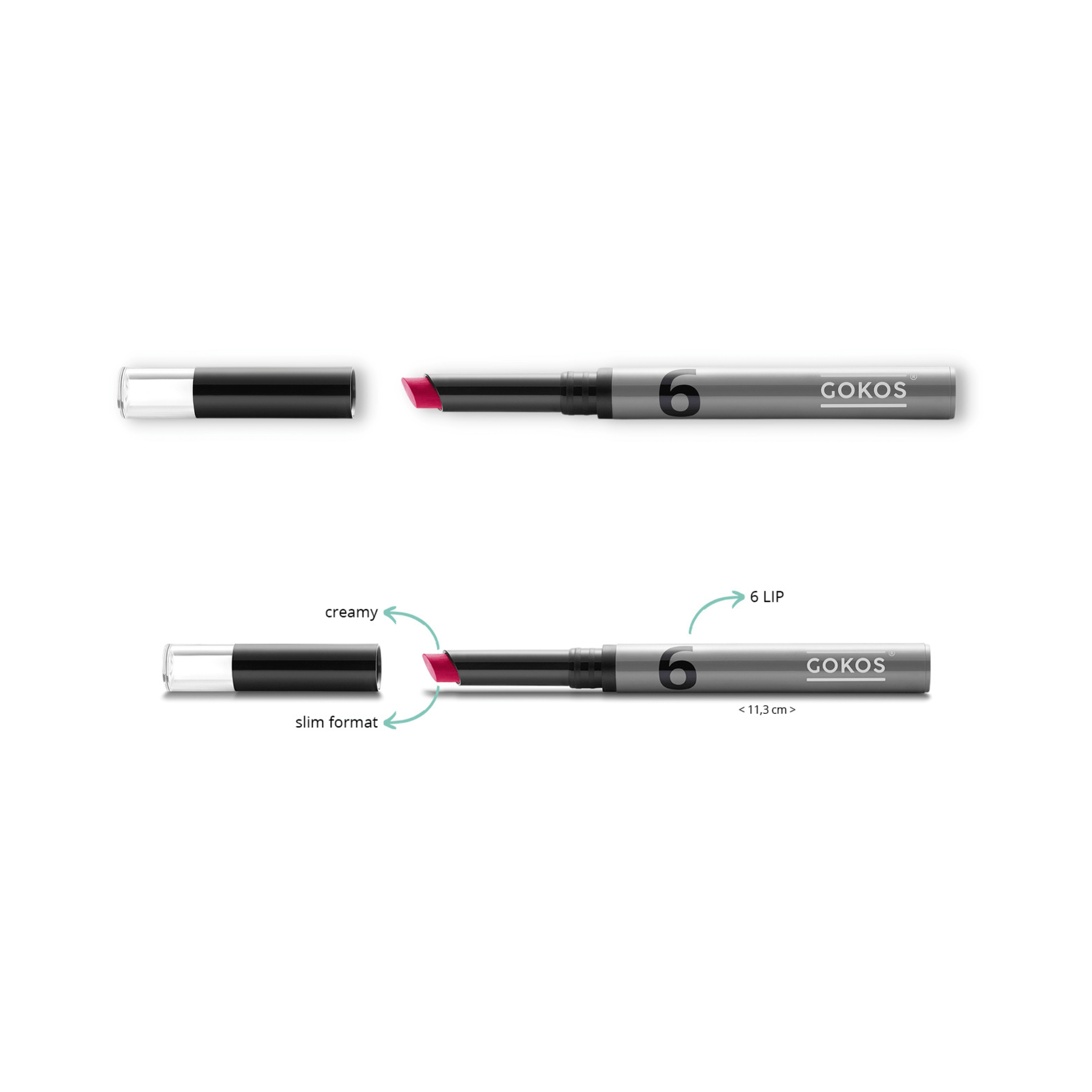 Gokos LipColor makeup product in a vibrant shade, showcasing smooth, glossy lips with the Gokos branding visible.