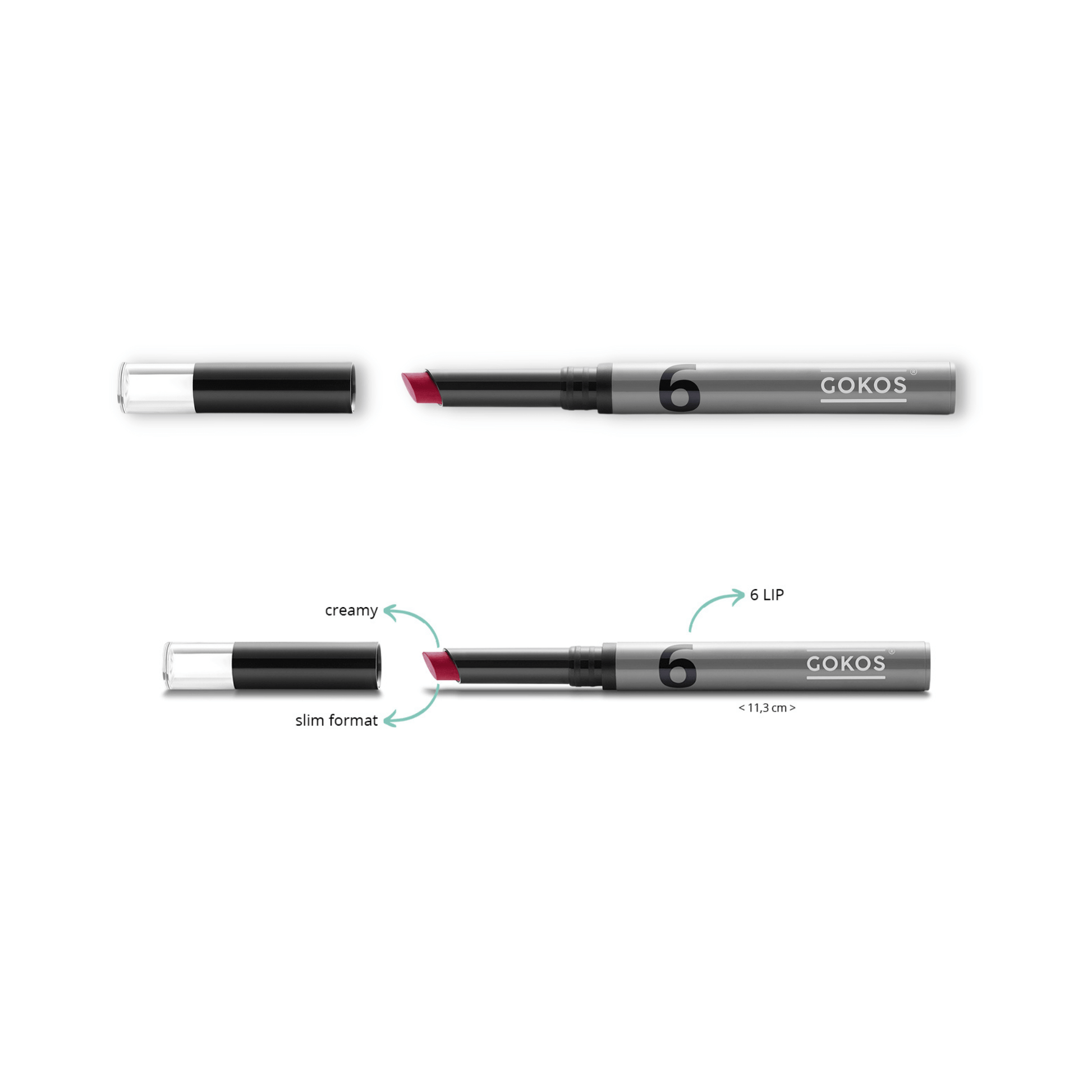Gokos LipColor in Splendid Fuchsia makeup product with vibrant pink lipstick swatch on a neutral background.