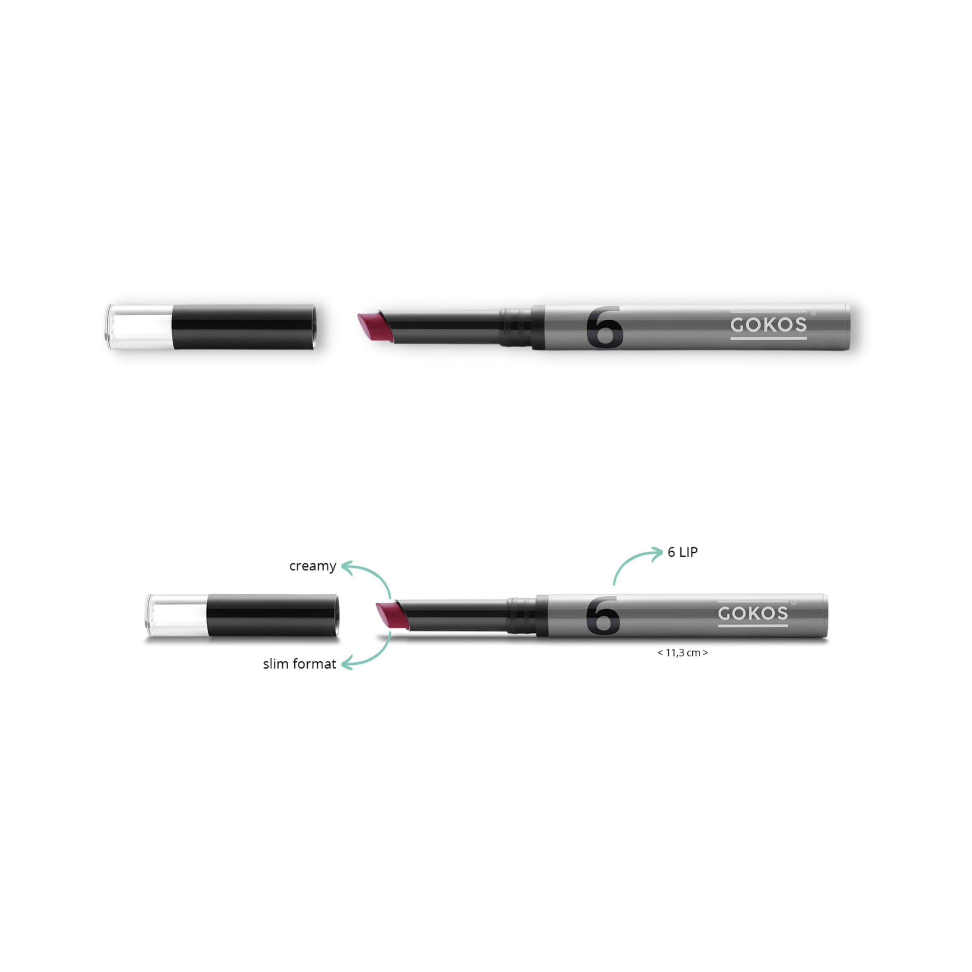 Gokos LipColor makeup product in shade Emotional, featuring a close-up of the lipstick tube with the color swatch visible.