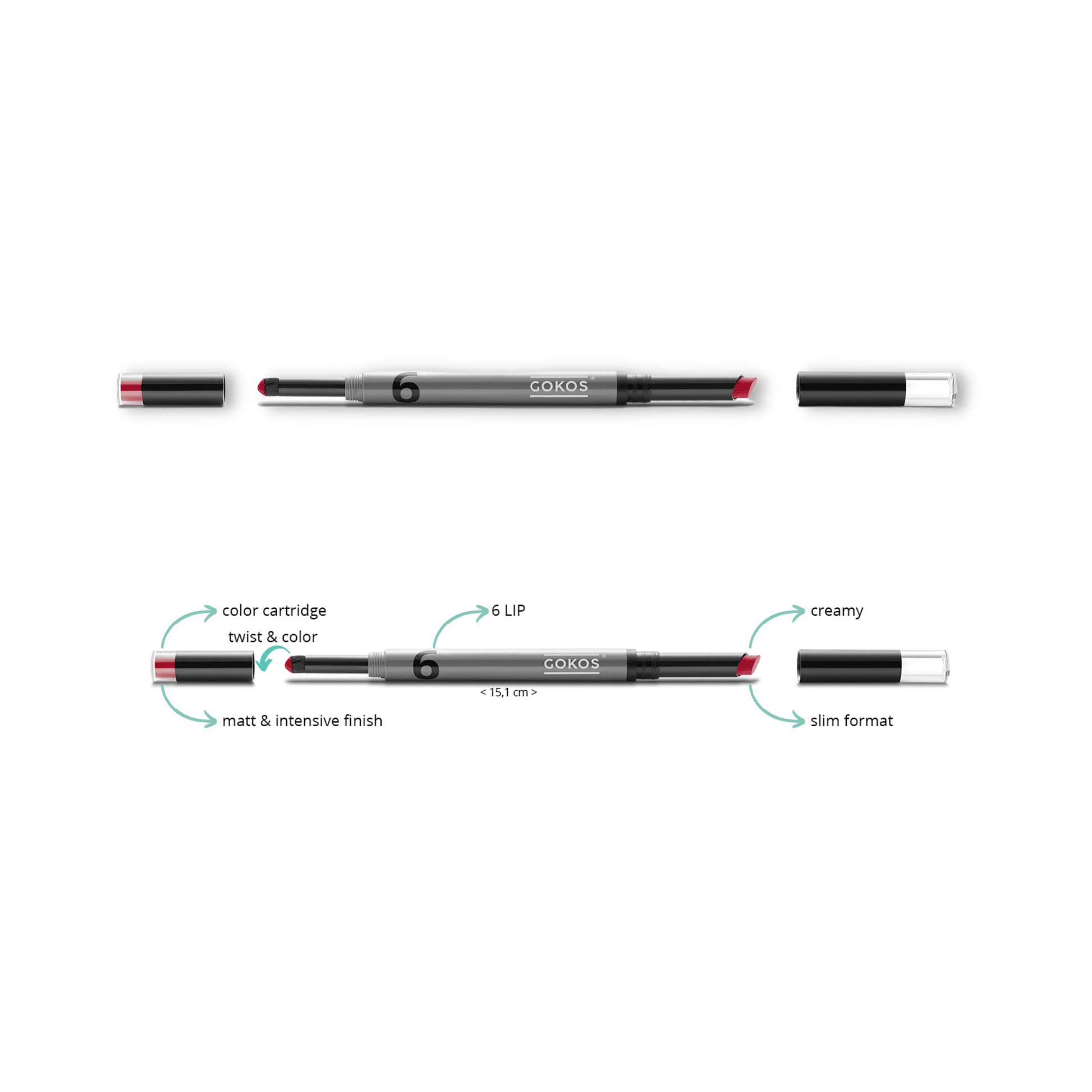 Gokos LipCreator makeup product with a sleek applicator and vibrant lip color, designed for creating customized lip looks.