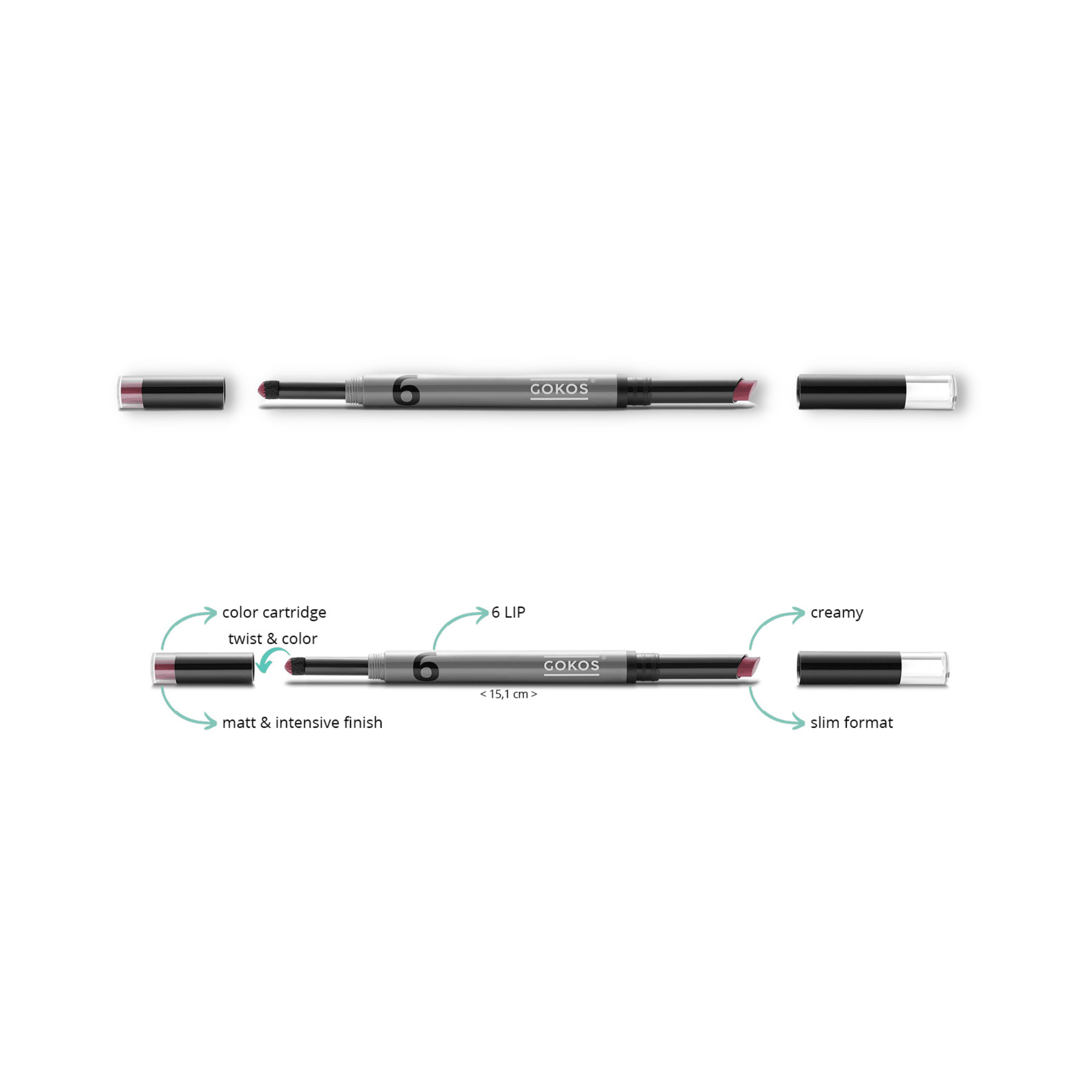 Gokos LipCreator makeup tool for creating custom lipstick shades in sleek black design with color swatches.