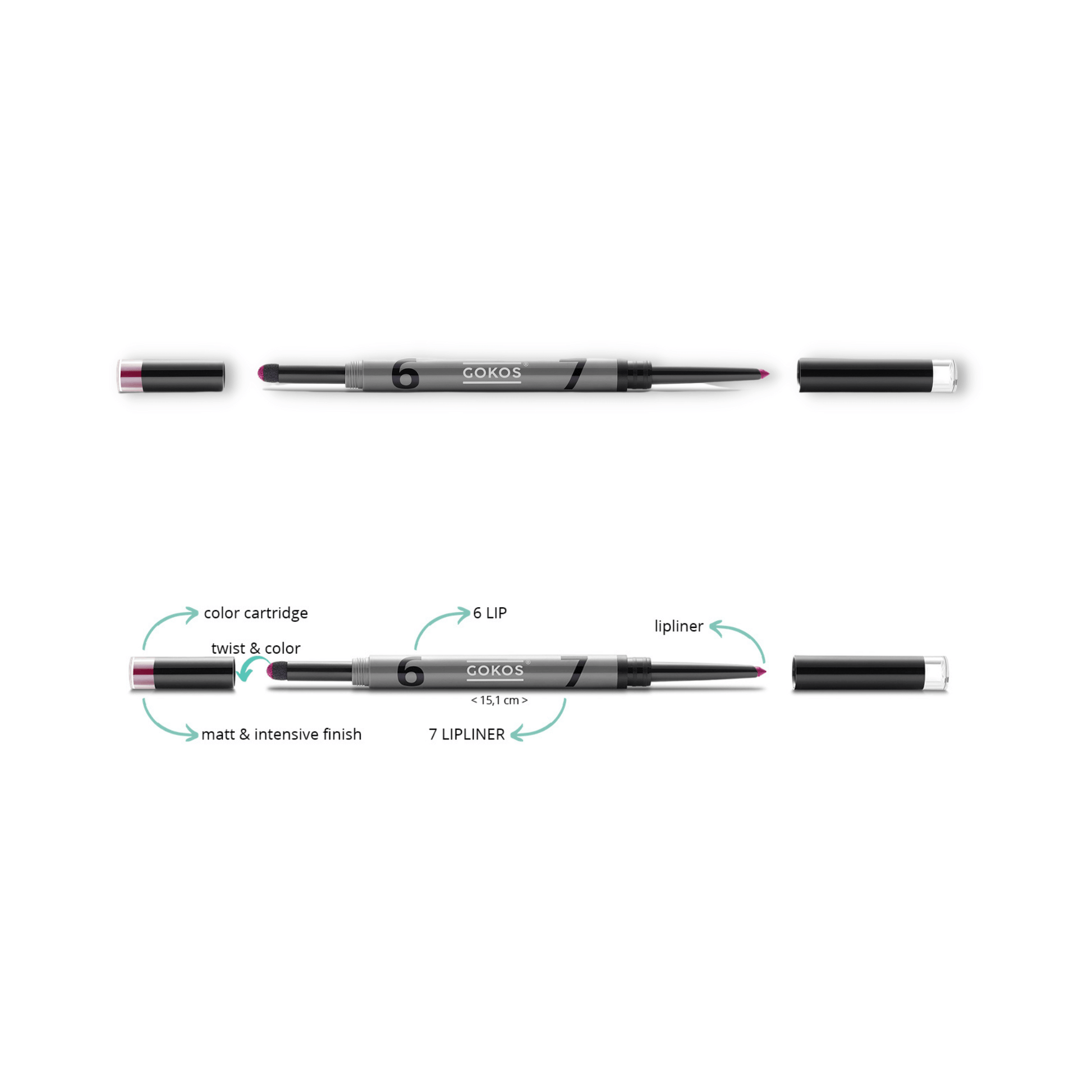 Gokos LipDesigner makeup product with a close-up of the lip color shade Emotional 02 in a sleek tube.