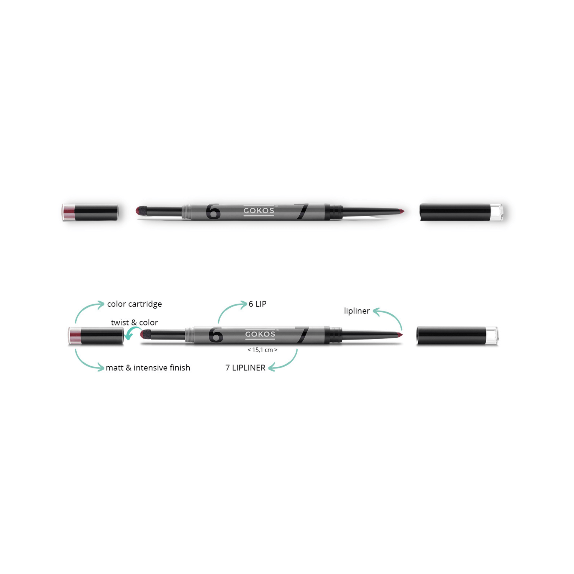 Gokos LipDesigner makeup product with a sleek tube and applicator, showcasing vibrant lipstick shades.