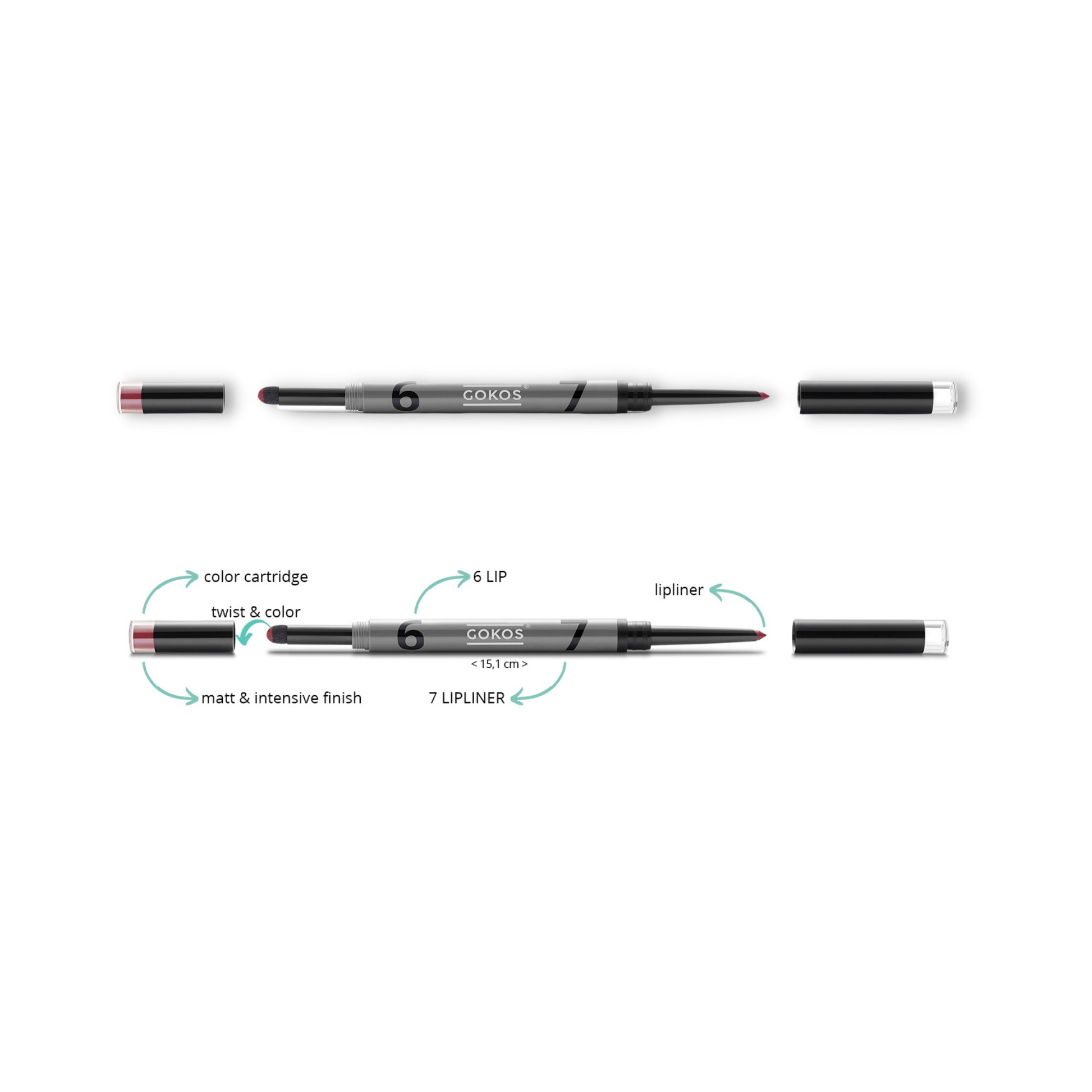 Gokos LipDesigner makeup product with BeMine shade, showcasing a sleek, elegant lipstick tube with the lipstick partially extended.