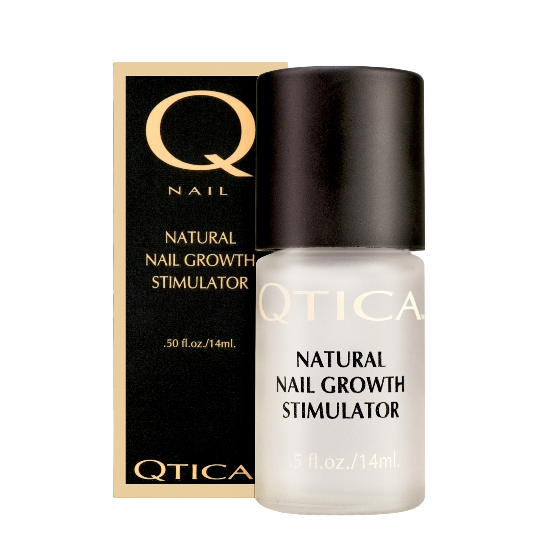 Qtica Natural Nail Growth Stimulator bottle for nail care, featuring clear liquid in a sleek, professional packaging.