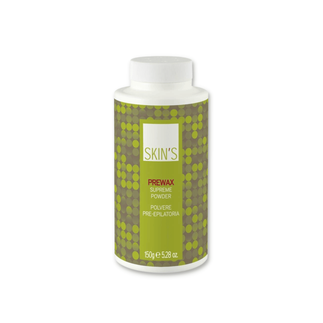 SKIN'S Prewax Supreme Powder for epilation, shown in a white container, used to prepare and improve waxing results.
