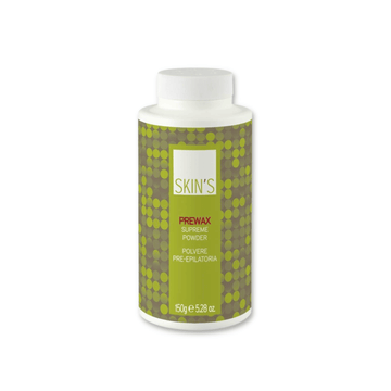 SKIN'S Prewax Supreme Powder for epilation, shown in a white container, used to prepare and improve waxing results.