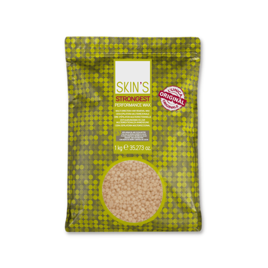 SKIN'S strongest performance wax for Brazilian waxing, shown in a container with wax strips and application tools.
