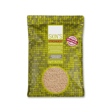 SKIN'S strongest performance wax for Brazilian waxing, shown in a container with wax strips and application tools.