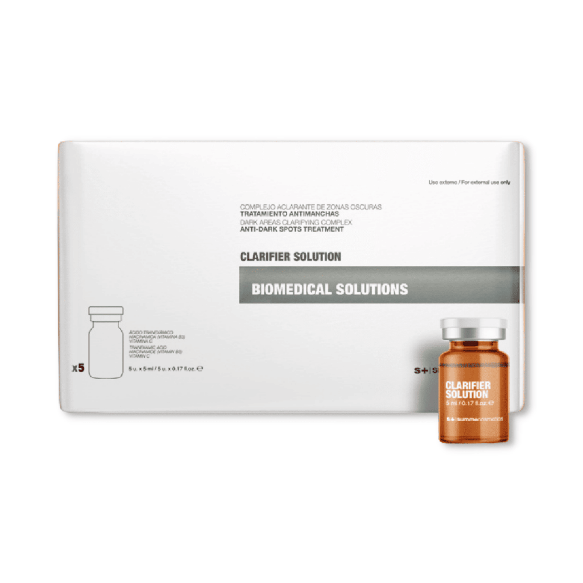 SummeCosmetics Biomedical Clarifier Solution for skin care, showing a clear bottle with a white label and liquid inside.