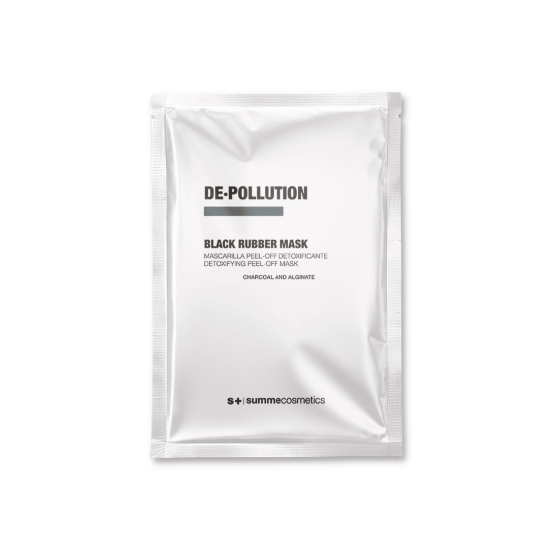 SummeCosmetics De-Pollution Black Rubber Mask for skin care, showing a black rubber face mask applied to a person's face.
